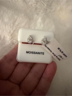 Moissanite Teardrop Halo Stud Earrings - Silver Tone
